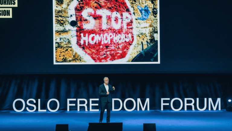 Georges Azzi speaking at the 2024 Oslo Freedom Forum