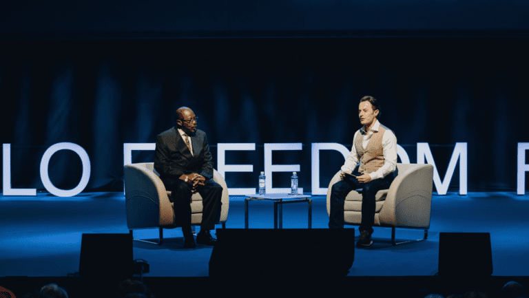 Paul Rusesabagina and Thor Halvorssen speaking at the 2024 Oslo Freedom Forum