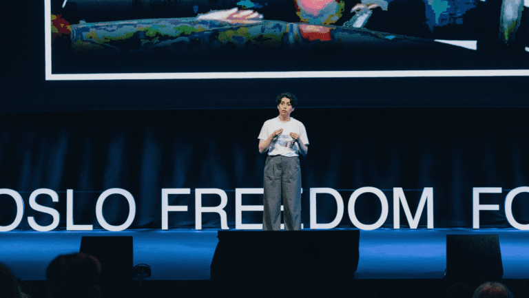 Zhala Bayramova speaking at the 2024 Oslo Freedom Forum